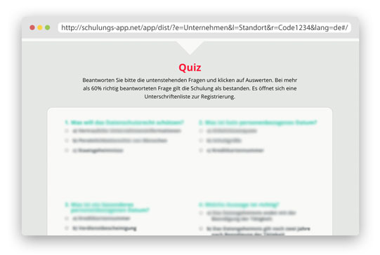 Das Quiz muß solange wiederholt bis es als bestanden gilt, erst dann öffnet sich das Registrierungsfenster.